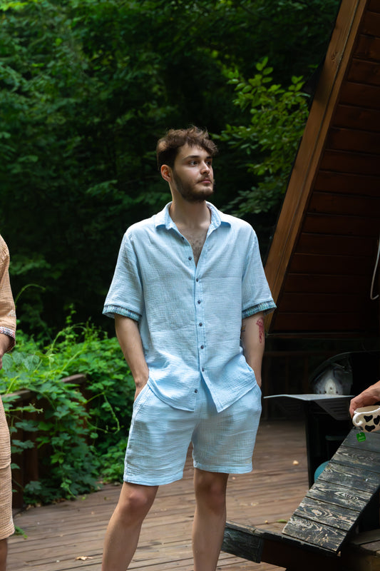 ALOVÉ – Bebek Mavisi Oversize Muslin Kol Detaylı Gömlek