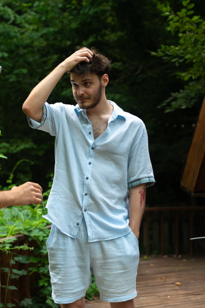 ALOVÉ – Bebek Mavisi Oversize Muslin Kol Detaylı Gömlek